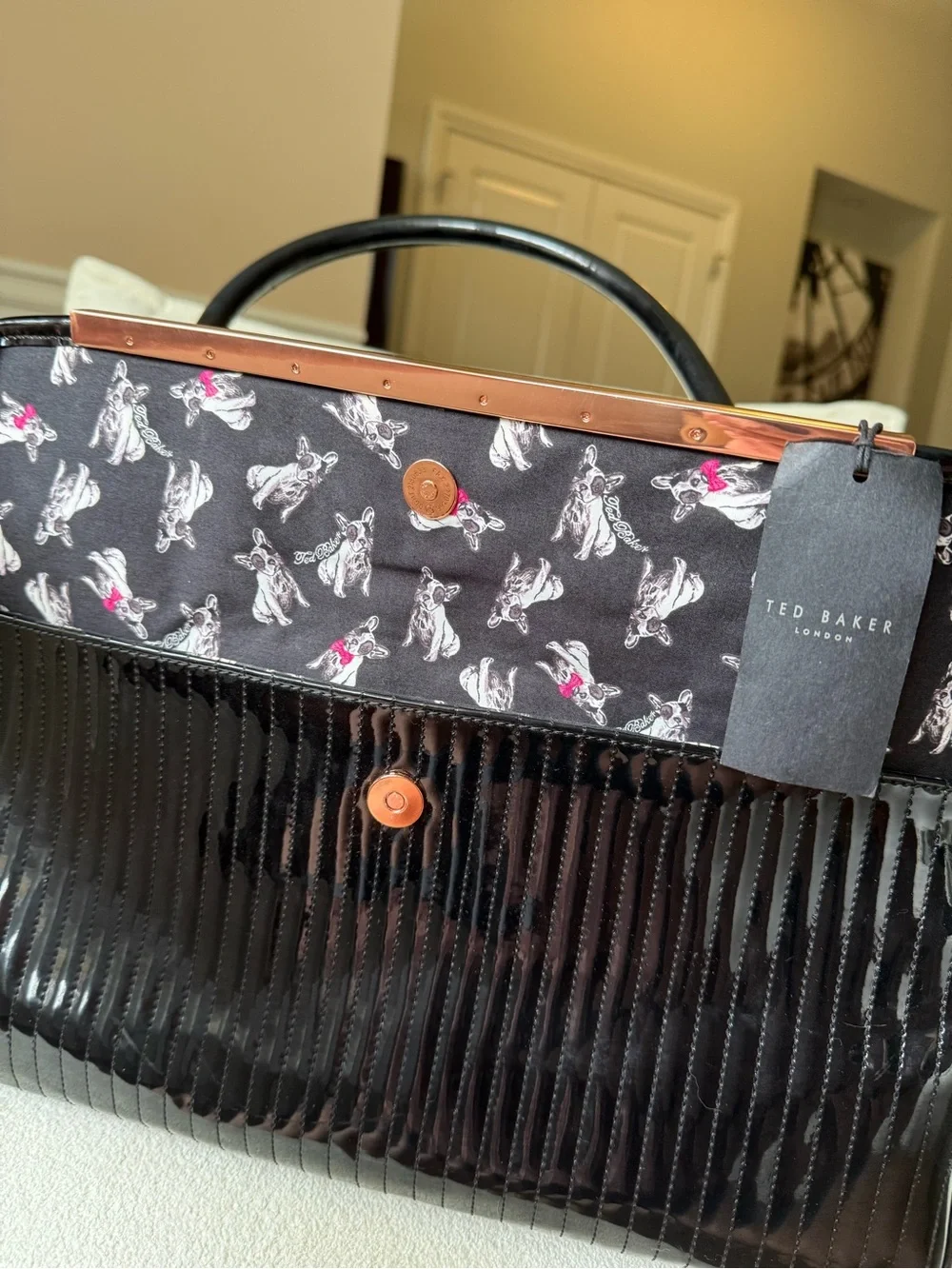 Ted Baker Black Patent Pet Carrier with Rose-Gold Hardware